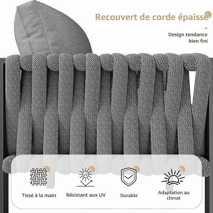Salon de Jardin Extérieur 5 Pièces en Forme de L — Ensemble de Meubles pour 6-8 Personnes — Canapé d'Angle, Table, Banc & Fauteuils à Accoudoirs — Tressé, Coussins Inclus — Gris