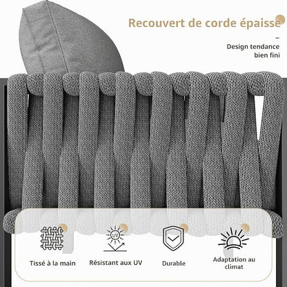 Salon de Jardin Extérieur 5 Pièces en Forme de L — Ensemble de Meubles pour 6-8 Personnes — Canapé d'Angle, Table, Banc & Fauteuils à Accoudoirs — Tressé, Coussins Inclus — Gris