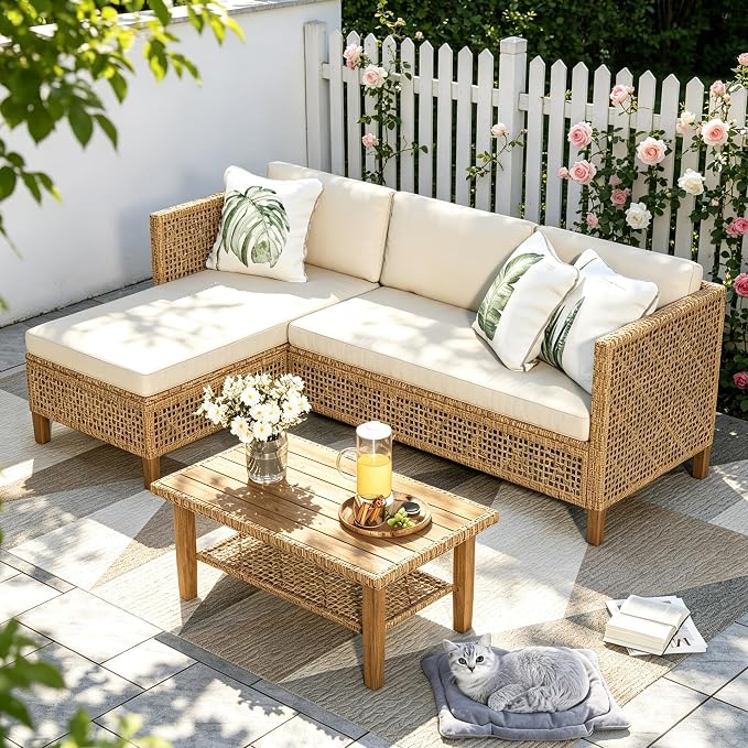 PHI VILLA Salon de Jardin 3 Pièces en Rotin — Méridienne, Canapé 2 Places & Table Basse — 4 Personnes — Beige